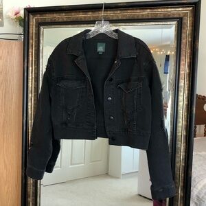 Women’s Cropped Distressed Black Denim Jacket